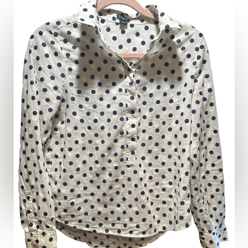 J Crew fine cotton navy and white polka dot shirt, XS.